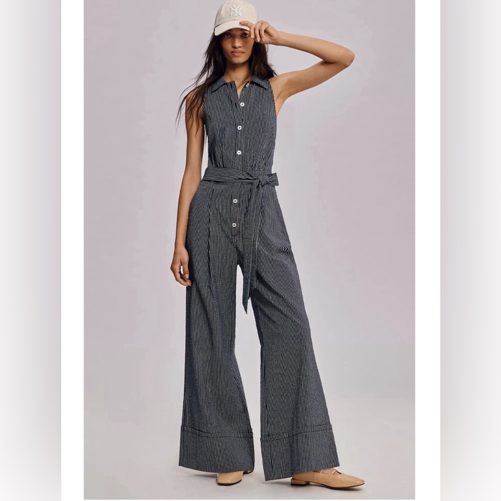 Maeve Black Pinstripe Wide Leg Jumpsuit